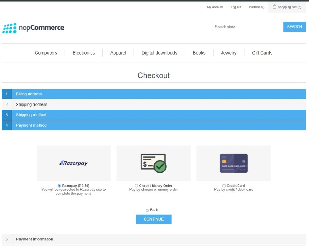 razorepay payment method through redirect payment mode